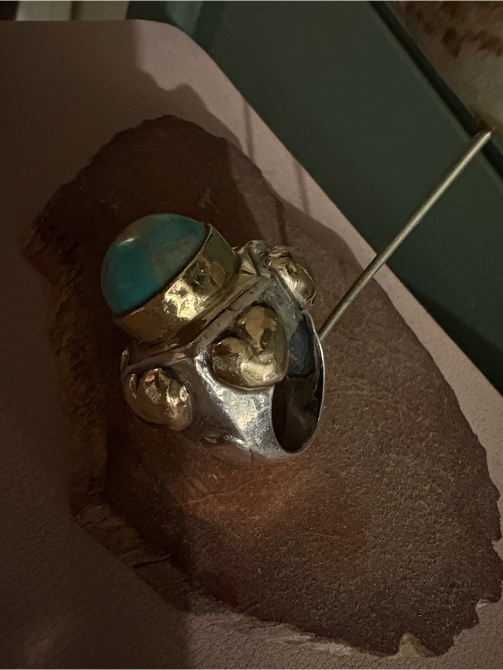 Sterling Silver Ring with Turquoise Cabochon and Gold Accents - Turquoise